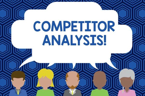 Text sign showing Competitor Analysis. Conceptual photo Determine the Strength Weakness of Competitive Market Five different races persons sharing blank speech bubble. People talking.