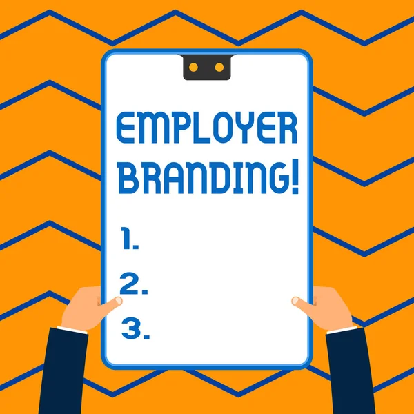 Word writing text Employer Branding. Business concept for promoting company employer choice to desired target group White rectangle clipboard with blue frame has two holes holds by hands.