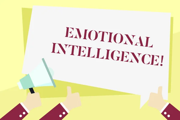 Word writing text Emotional Intelligence. Business concept for Self and Social Awareness Handle relationships well Hand Holding Megaphone and Other Two Gesturing Thumbs Up with Text Balloon.