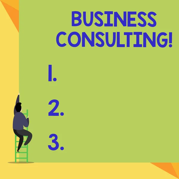 Writing note showing Business Consulting. Business photo showcasing Blends Practice of Academic Theoretical Expertise Back view Man climbing up staircase ladder lying big blank rectangle.