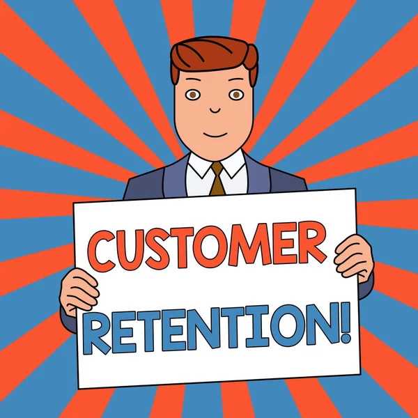 Word writing text Customer Retention. Business concept for Keeping loyal customers Retain analysisy as possible Smiling Man Holding Formal Suit Big Blank Poster Board in Front of Himself.