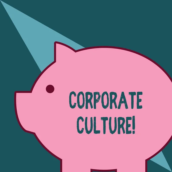 単語を書くテキスト企業文化。企業が価値を共有している信念やアイデアのためのビジネスコンセプト鋭い耳と小さな丸い目を持つ貯金箱のような太った巨大なピンク豚ふっくら. — ストック写真