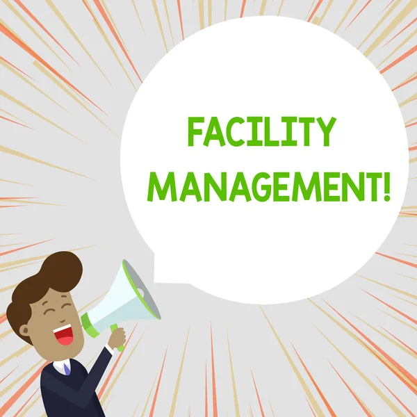 Text sign showing Facility Management. Conceptual photo Multiple Function Discipline Environmental Maintenance Young Man Shouting into Megaphone Floating Round Shape Empty Speech Bubble.