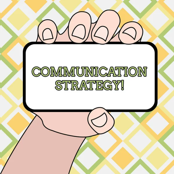 コミュニケーション戦略を示すメモを書く。空白の画面とテキストスペースと手にスマートフォンの言語の非言語的または視覚的な計画を示すビジネス写真. — ストック写真