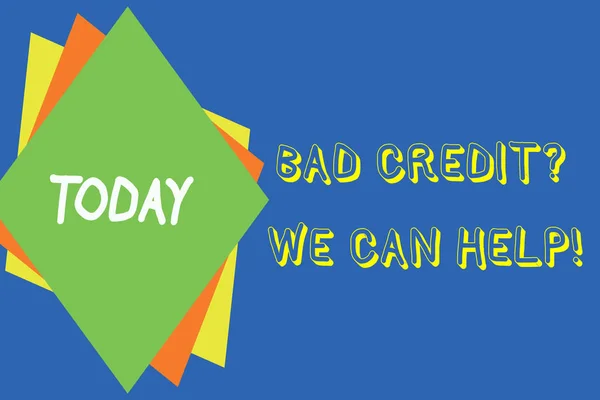 Writing note showing Bad Credit Question We Can Help. Business photo showcasing offering help after going for loan then rejected Different colored paper sheets light background. Origami paper material