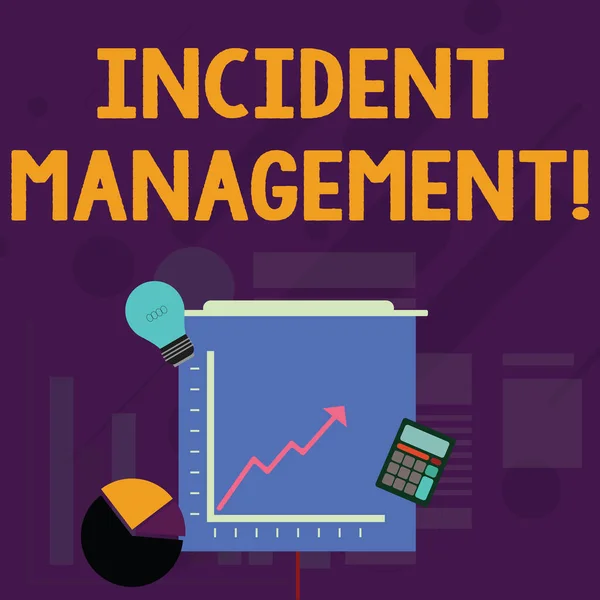 Word writing text Incident Management. Concepto de negocio para que el proceso devuelva el servicio a los peligros correctos normales Iconos de inversión del gráfico de pastel y línea con la flecha subiendo la calculadora de bombillas . —  Fotos de Stock