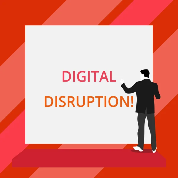 Word writing text Digital Disruption. Business concept for Changes that affect technology markets Product makeover Back view young man dressed suit standing platform facing blank rectangle.