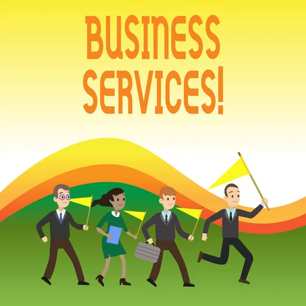Writing note showing Business Services. Business photo showcasing Provides intangible products Bookkeeping IT Accounting Crowd Flags Headed by Leader Running Demonstration Meeting. — Stock Photo, Image