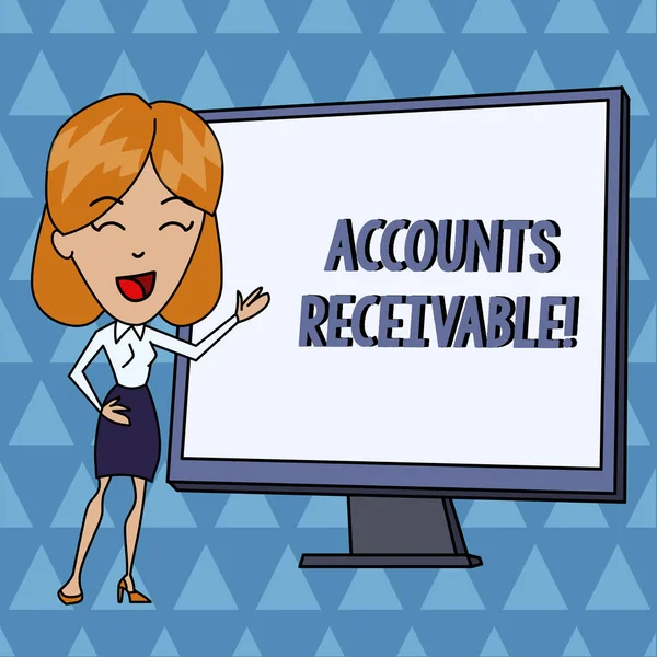 Text sign showing Accounts Receivable. Conceptual photo Legal Claim of Payment Money Owed to by Debtors White Female in Standing Pointing Blank Screen Whiteboard Presentation.