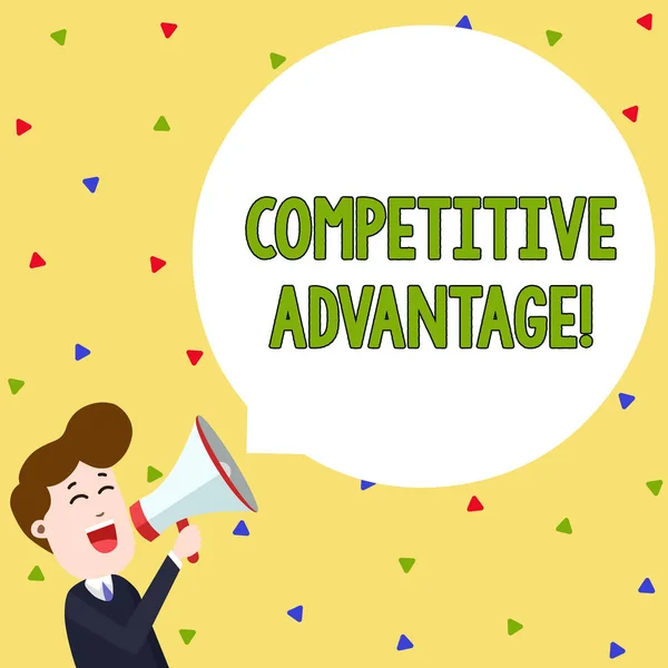 Word writing text Competitive Advantage. Business concept for Company Edge over another Favorable Business Position Young Man Shouting into Megaphone Floating Round Shape Empty Speech Bubble.