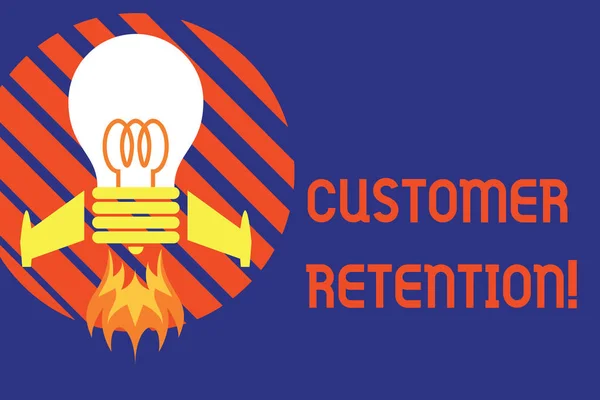 Handwriting text Customer Retention. Concept meaning Keeping loyal customers Retain analysisy as possible Top view launching bulb rocket fire base. Starting new project. Fuel idea.