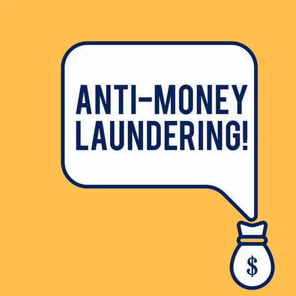 Word writing text Anti Money Laundering. Business concept for stop generating income through illegal actions Isolated front view speech bubble pointing down dollar USD money bag icon.