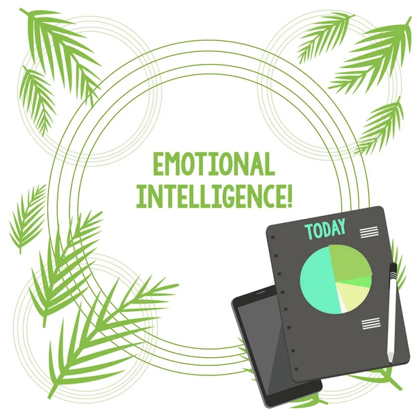 Writing note showing Emotional Intelligence. Business photo showcasing Self and Social Awareness Handle relationships well Layout Smartphone Off Ballpoint Notepad Business Pie Chart. — Stock Photo, Image