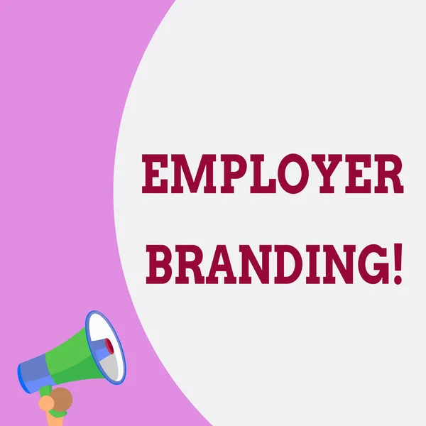 Znak tekstowy przedstawiający Employer Branding. Koncepcyjny zdjęcie promowanie wyboru pracodawcy firmy do pożądanej grupy docelowej połowa puste ogromny Balon pusty tekst z małym megafon. Ogłoszenie. — Zdjęcie stockowe