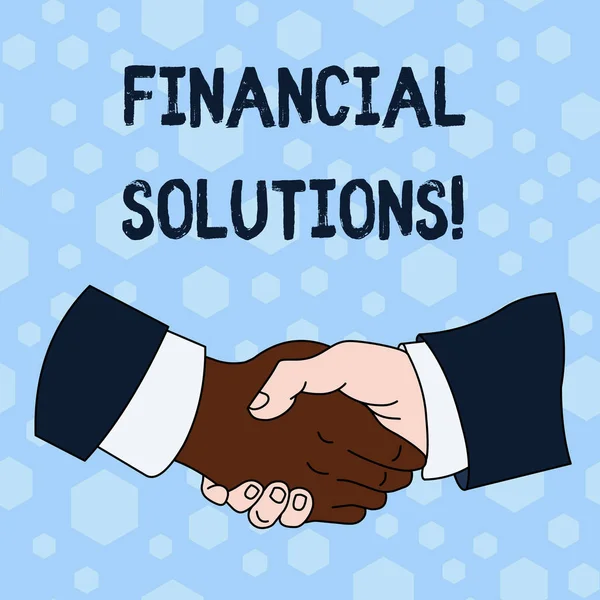 Texte Word Financial Solutions. Concept d'entreprise pour économiser de l'argent sur les besoins d'assurance et de protection poignée de main Multiracial Homme Partenaires commerciaux Collèges Chemise formelle Costume . — Photo