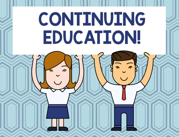 Text sign showing Continuing Education. Conceptual photo Continued Learning Activity professionals engage in Two Smiling People Holding Big Blank Poster Board Overhead with Both Hands. — Stock Photo, Image