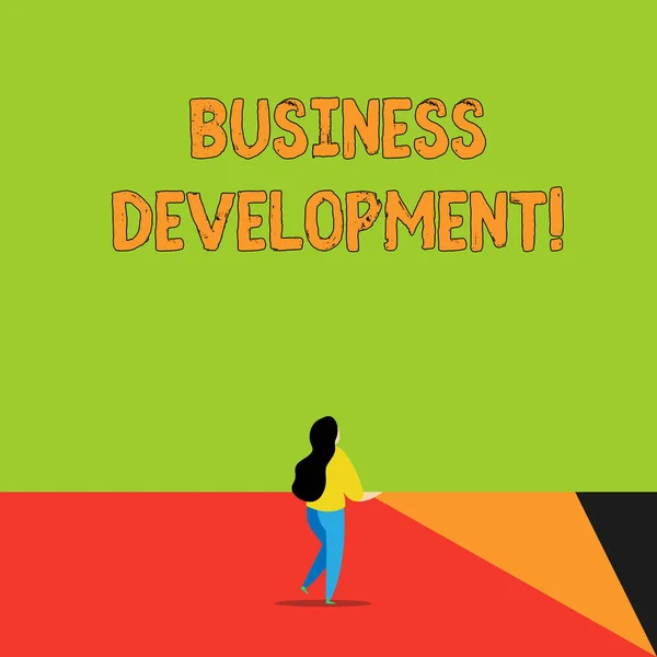 Scrittura di testi Word Business Development. Business concept per Implementare Valore di Crescita all'interno e tra l'azienda Indietro vista giovane donna capelli lunghi in possesso di grande annuncio quadrato vuoto . — Foto Stock