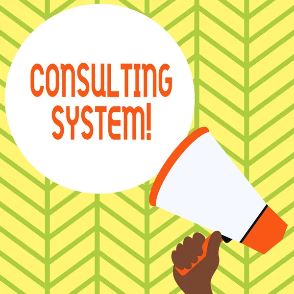 Conceptual hand writing showing Consulting System. Business photo showcasing Helping firms improve process adequacy and functionality Hand Holding Loudhailer Speech Text Balloon Announcement New.