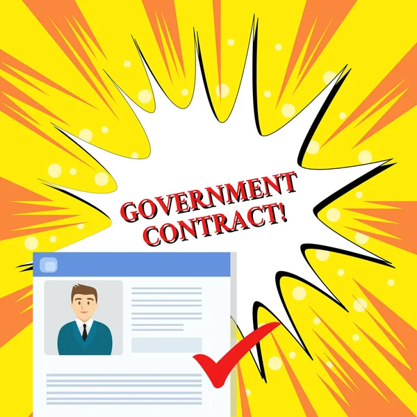 Handwriting text Government Contract. Concept meaning Agreement Process to sell Services to the Administration Curriculum Vitae Resume of Young Male Candidate Marked by Colored Checkmark.