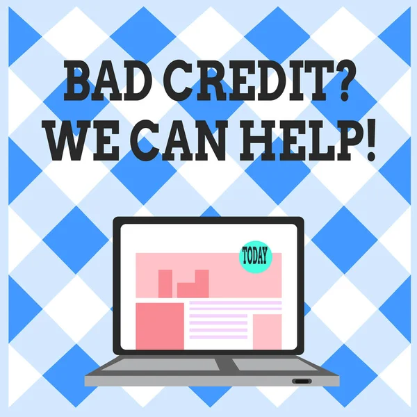 Word writing text Bad Credit Question We Can Help. Business concept for offering help after going for loan then rejected Open Modern Laptop Switched On with Website Homepage on Screen Web Search.