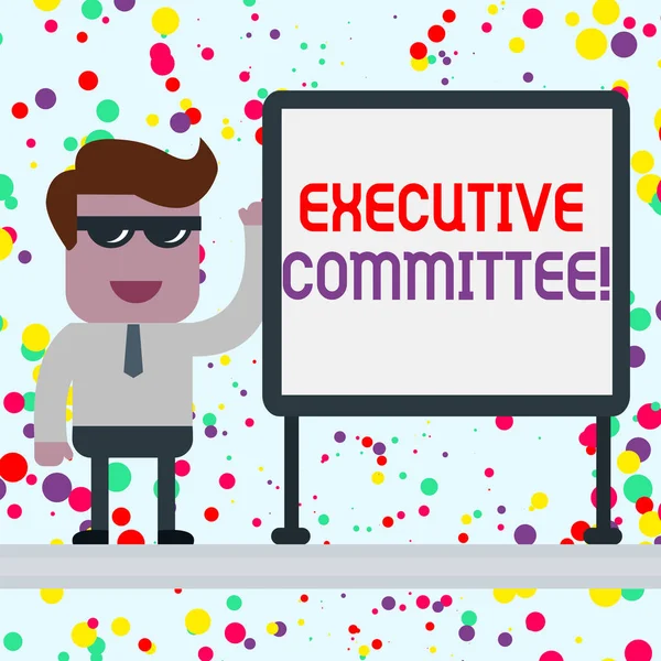 Conceptual hand writing showing Executive Committee. Business photo showcasing Group of Directors appointed Has Authority in Decisions Office Worker Sunglass Blank Whiteboard Meeting Presentation.