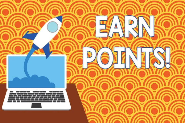 Text sign showing Earn Points. Conceptual photo collecting big scores in order qualify to win big prize Successful rocket launching clouds out laptop background. Startup growing.
