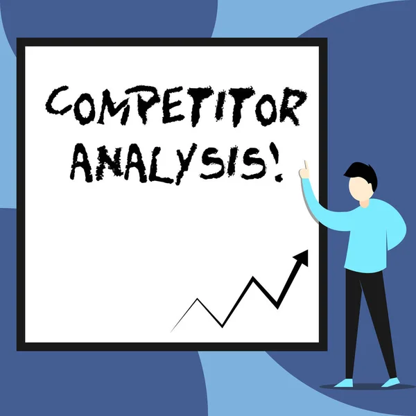 Word writing text Competitor Analysis. Business concept for Determine the Strength Weakness of Competitive Market View young man standing pointing up blank rectangle Geometric background.