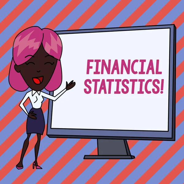 Konzeptionelle Handschrift, die Finanzstatistiken zeigt. Business-Foto, das umfassende Bestands- und Strömungsdaten einer weißen Frau in stehender Whiteboard-Präsentation zeigt. — Stockfoto