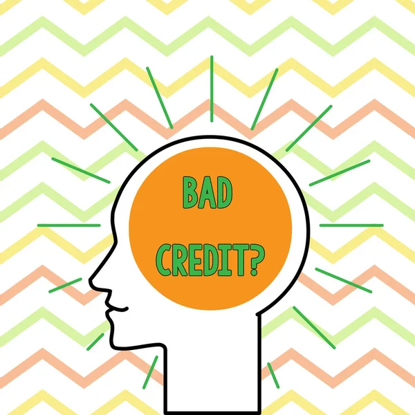 Conceptual hand writing showing Bad Credit Question. Business photo text history when it indicates that borrower has high risk Outline Silhouette Human Head Surrounded by Light Rays Blank. — Stock Photo, Image