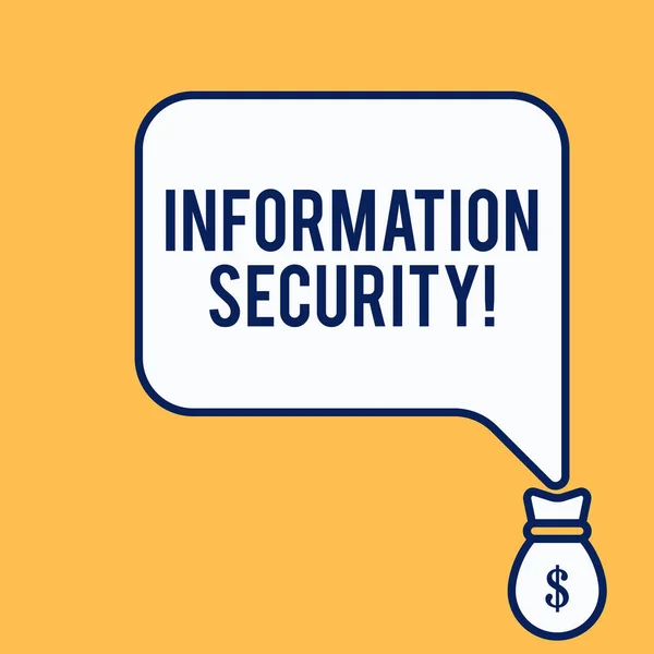 単語の書き込みテキスト情報セキュリティ。Infosecのビジネスコンセプト不正アクセス防止のビジネスコンセプトが保護されている孤立したフロントビューのスピーチバブルは、ドルを指し示す10ドルのマネーバッグアイコン. — ストック写真