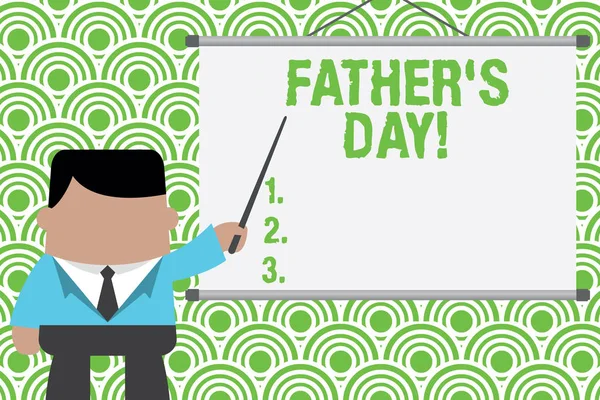 Text sign showing Father S Day. Conceptual photo day of year where fathers are particularly honoured by children Businessman standing in front projector screen pointing project idea.