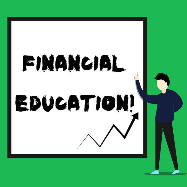 Writing note showing Financial Education. Business photo showcasing Understanding Monetary areas like Finance and Investing Young man standing pointing up rectangle Geometric background.
