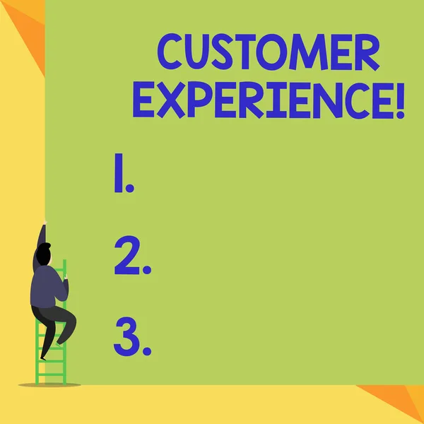 Writing note showing Customer Experience. Business photo showcasing Interaction between Satisfied Customer and Organization Back view Man climbing up staircase ladder lying big blank rectangle.