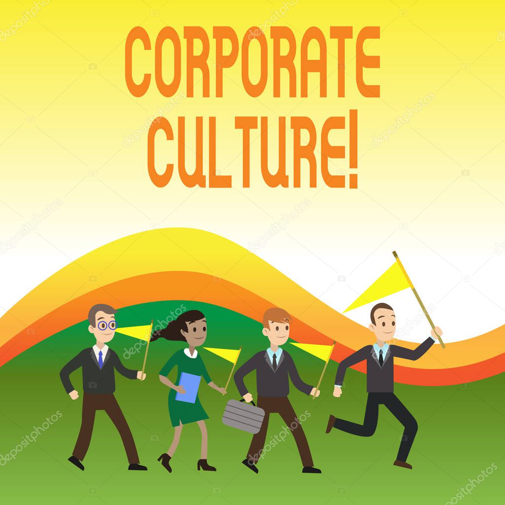 Writing note showing Corporate Culture. Business photo showcasing Beliefs and ideas that a company has Shared values Crowd Flags Headed by Leader Running Demonstration Meeting.
