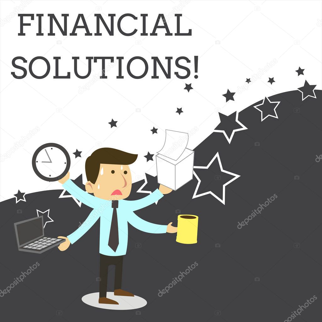 Word writing text Financial Solutions. Business concept for to Save Money on Insurance and Protection Needs Stressed Out Male Employee Manager Many Armed Multitasking Meet Deadline.