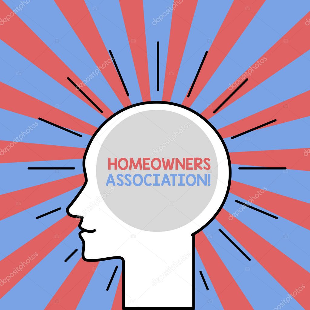 Text sign showing Homeowners Association. Conceptual photo Organization with fee for upkeeps of Gated Community Outline Silhouette Human Head Surrounded by Light Rays Blank Text Space.