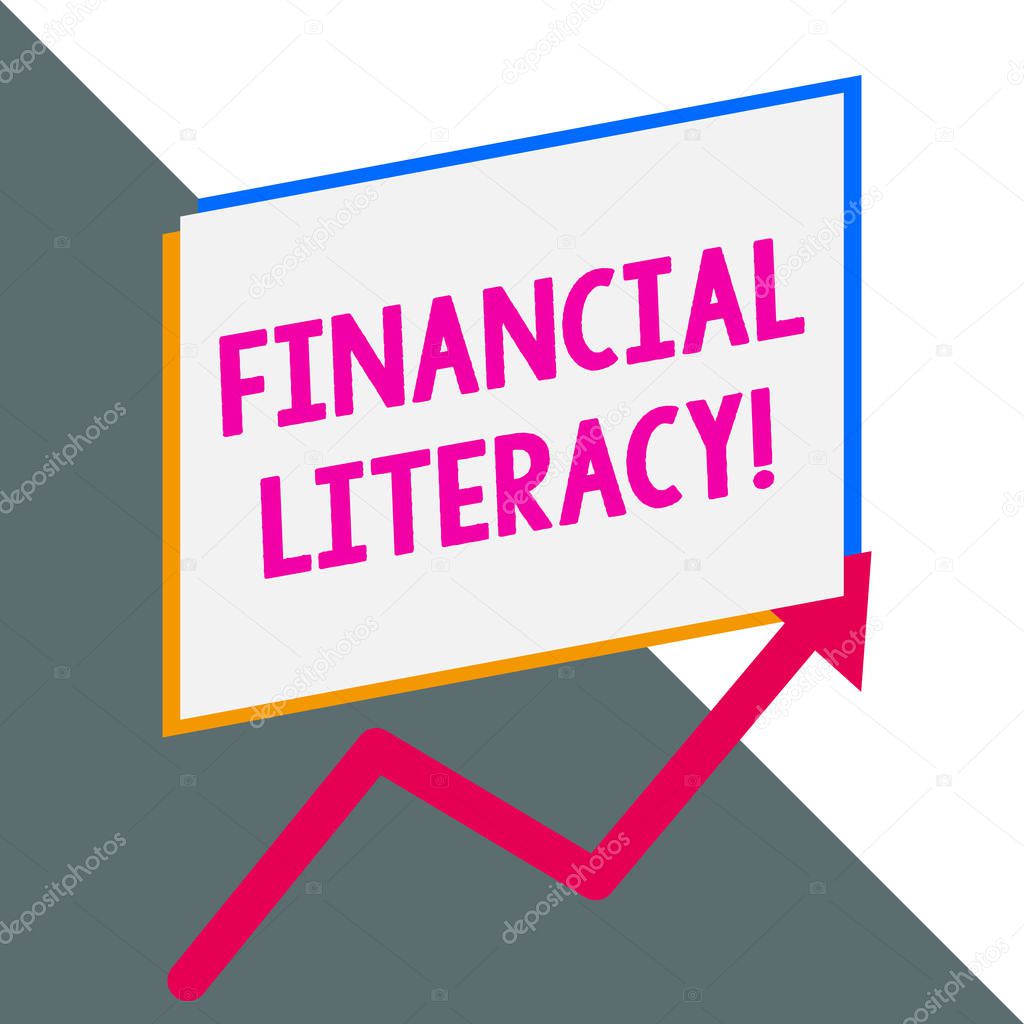 Conceptual hand writing showing Financial Literacy. Business photo showcasing Understand and knowledgeable on how money works Blank rectangle above another arrow zigzag upwards sale.
