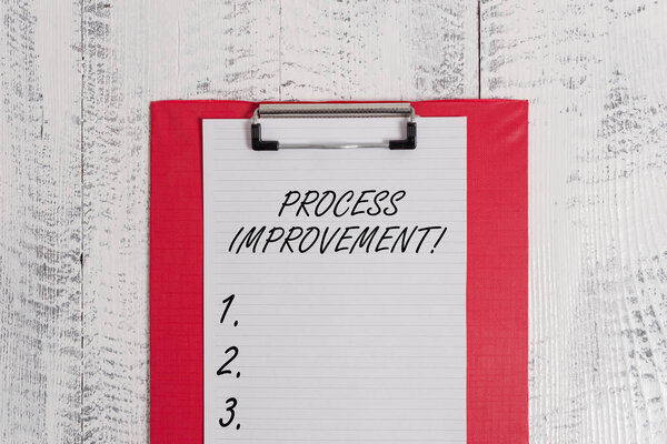 Text sign showing Process Improvement. Conceptual photo Optimization Meet New Quotas Standard of Quality Colored clipboard blank paper sheet old retro wooden vintage background.