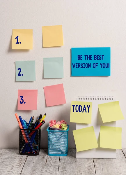 Handwriting text writing Be The Best Version Of You. Concept meaning going to move away from where are start improving 10 Sticky Notes Card on Wall Spiral Notebook 2 Pencil Pots on Work Desk. — Stock Photo, Image