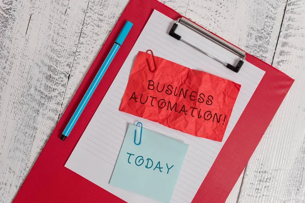 Writing note showing Business Automation. Business photo showcasing for Digital Transformation Streamlined for Simplicity Clipboard paper sheet crushed sticky note clip marker wooden background. — Φωτογραφία Αρχείου