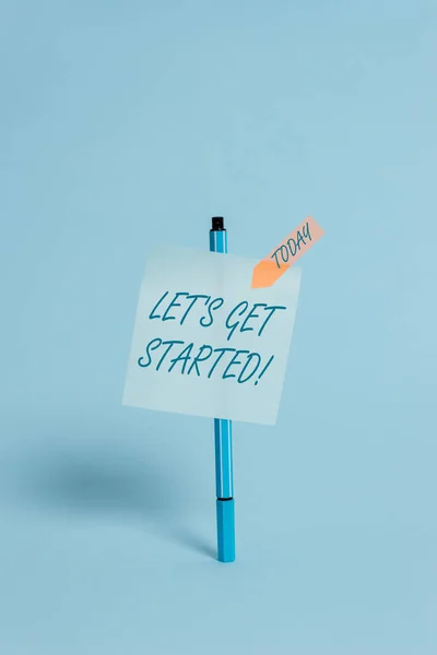 Schrijven nota laten zien S aan de slag. Business Photo presentatie aanmoedigen van iemand om te beginnen iets te doen balpen gekleurde kleverige Opmerking pijl banner vreedzame koele achtergrond. — Stockfoto