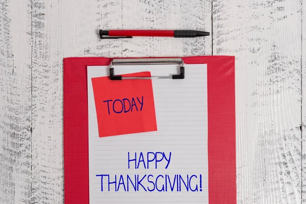 Writing note showing Happy Thanksgiving. Business photo showcasing Harvest Festival National holiday celebrated in November Clipboard paper sheet sticky note ballpoint vintage wooden background. — Φωτογραφία Αρχείου
