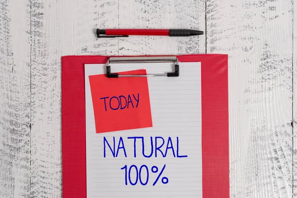 Writing note showing Natural 100 Percent. Business photo showcasing Minimally processed and does not contain artificial flavors Clipboard paper sheet sticky note ballpoint vintage wooden background. — Stockfoto