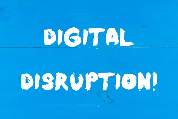 Writing note showing Digital Disruption. Business photo showcasing Changes that affect technology markets Product makeover Wooden texture old vintage background horizontal boards holes.