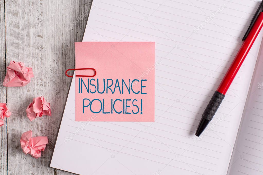 Word writing text Insurance Policies. Business concept for Documented Standard Form Contract Financial Reimbursement Thick pages notebook stationary placed above classic look wooden backdrop.