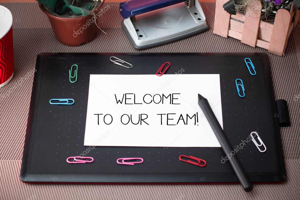 Conceptual hand writing showing Welcome To Our Team. Business photo text introducing another demonstrating to your team mates Scissors and equipments math book above textured backdrop.