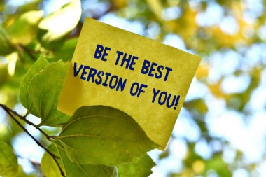 Word writing text Be The Best Version Of You. Business concept for going to move away from where are start improving Piece of square paper use to give notation on tree leaf under sunny day. clipart