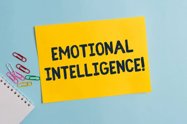 Text sign showing Emotional Intelligence. Conceptual photo Self and Social Awareness Handle relationships well Plain cardboard and writing equipment placed above pastel colour backdrop.