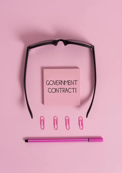 Handwriting text Government Contract. Concept meaning Agreement Process to sell Services to the Administration Colored blank sticky note clips binders eyeglasses pen trendy background.