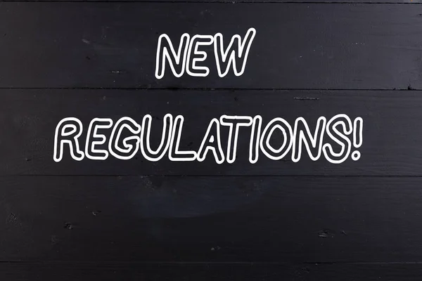 Word writing text New Regulations. Business concept for rules made government order control something done Wooden texture old vintage background horizontal boards holes. Old vintage.